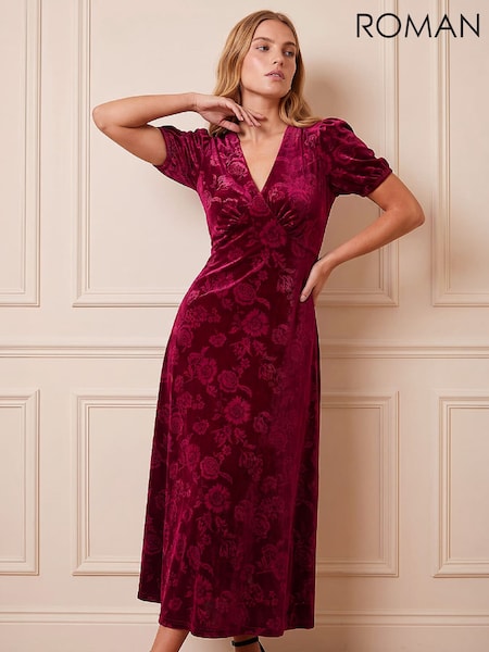 Red - Roman Embossed Velvet Dress