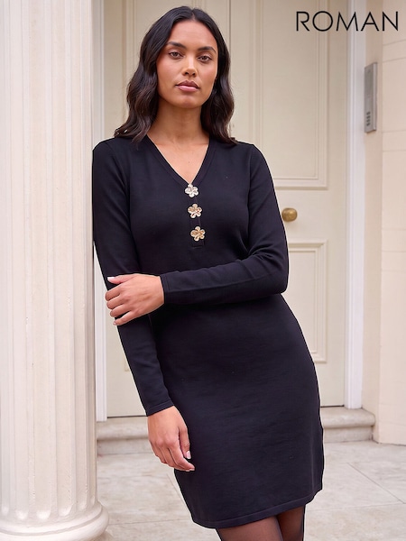 שחור - Roman Button Knitted Dress