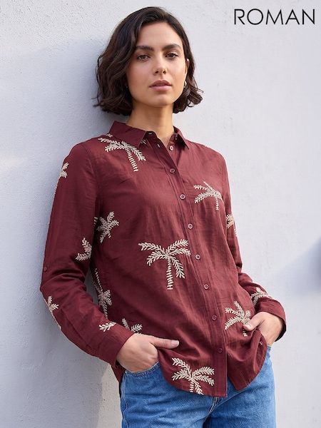 Red - Roman Embroidered Palm Print Shirt