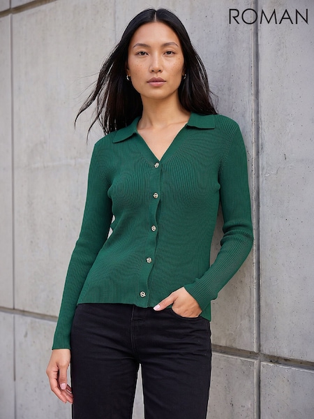 Green - Roman Fastening Knit Rib Henley Blouse