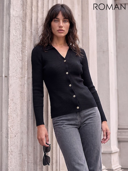Black - Roman Fastening Knit Rib Henley Blouse