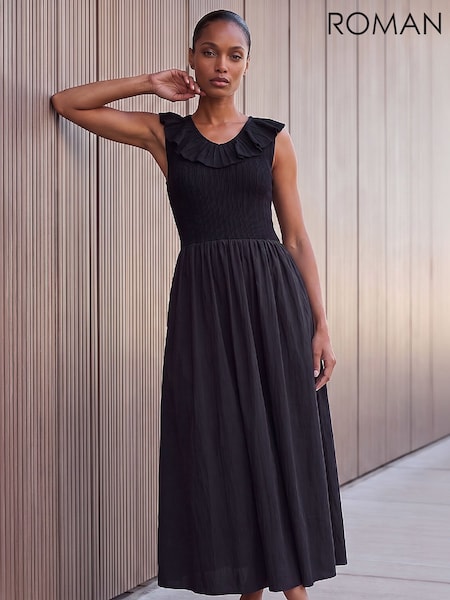 Schwarz - Roman Midikleid mit Rüschendetail