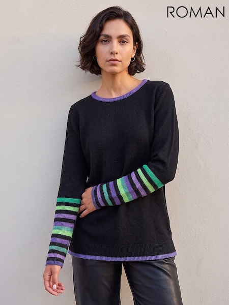 Black - Roman Contrast Stripe Detail Knit Jumper