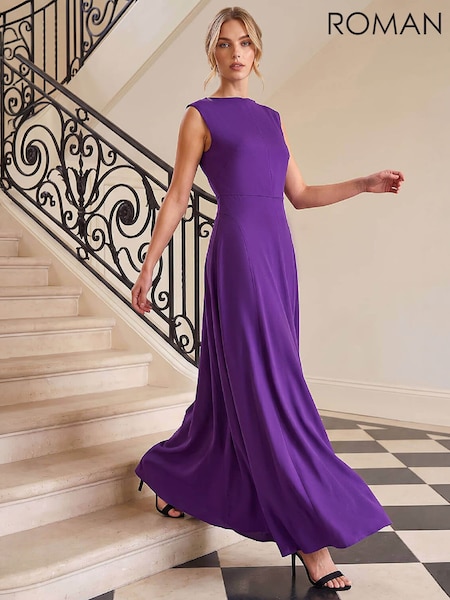 Purple - Roman High Neck Pleated Midi Dress