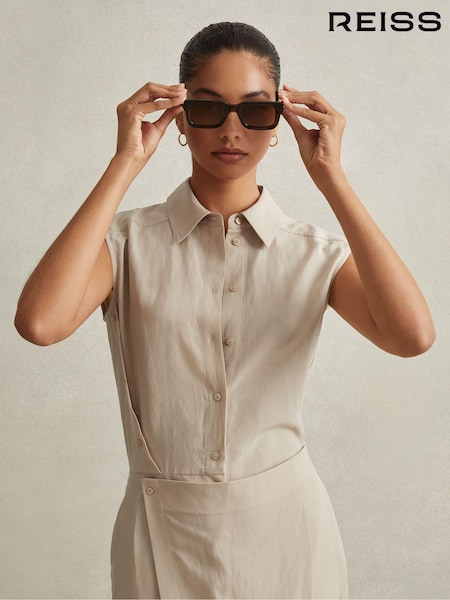 Reiss Neutral Yasmin Lyocell Linen Wrap Front Midi Dress (546840) | €95