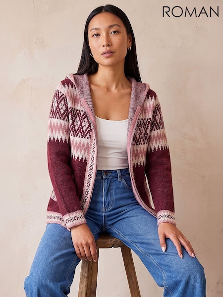 Red - Roman Hooded Jacquard Zipped Cardigan