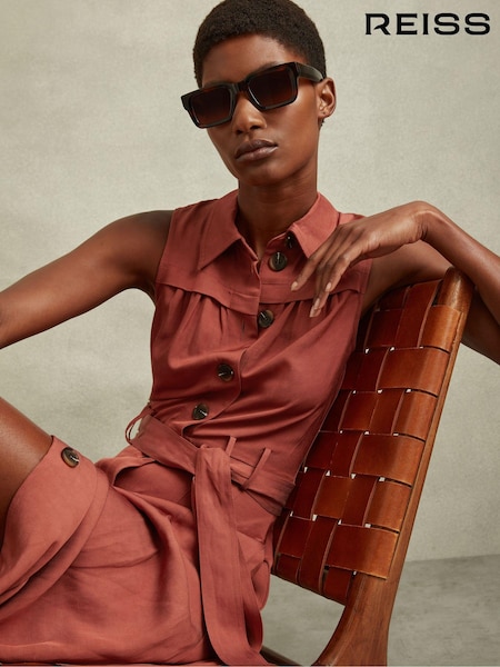 Reiss Rust Heidi Viscose-Linen Belted Midi Dress (546872) | €125