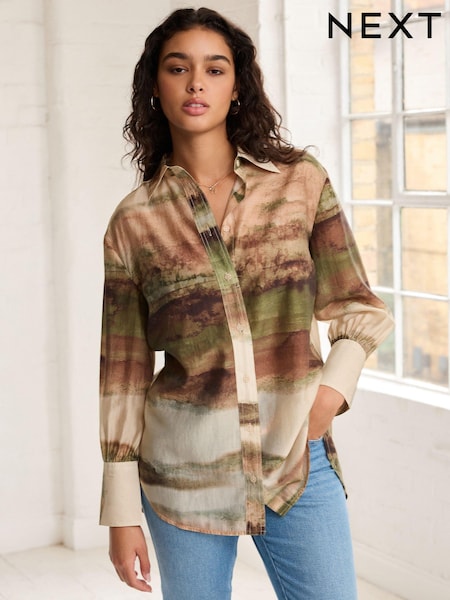 Green Scenic Print Sheer Long Sleeve Oversized Shirt (547429) | €9