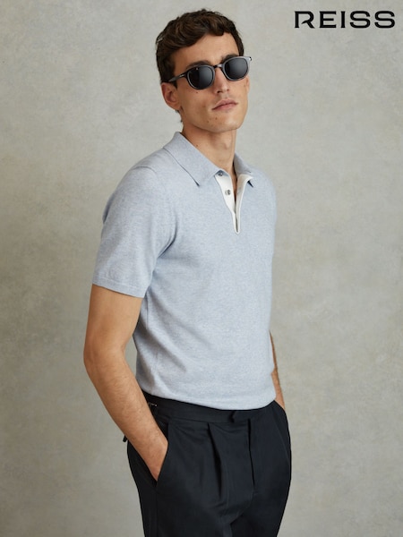 Reiss Soft Blue Melange Finch Cotton Blend Contrast Polo Shirt (547814) | €119