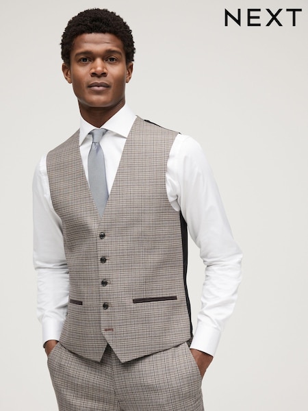 Taupe Trimmed Check Suit: Waistcoat (548025) | €5