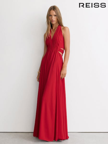 أحمر - فستان ماكسي مطوي بحمالة رقبة Cara من Reiss
