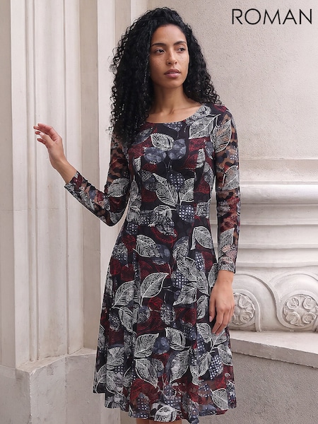 Red - Roman Leaf Lace Stretch Dress