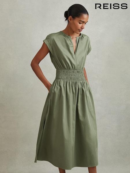 Reiss Green Lena Cotton Ruched Waist Midi Dress (548318) | OMR111