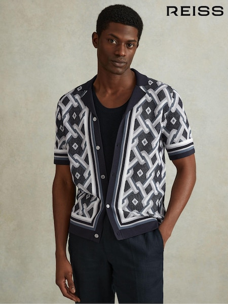 Reiss Navy Multi Hyde Knitted Cuban Collar Shirt (548370) | 941 QAR
