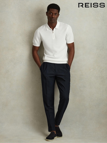 أبيض - Reiss Burnham Cotton Blend Textured Half Zip Polo Shirt (548464) | ‏706 د.إ.‏
