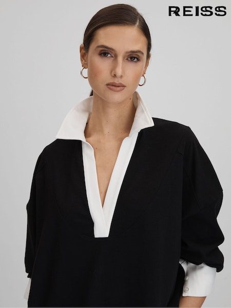 Reiss Black/White Aspen Oversized Cotton Open Collar Jumper (548872) | €77