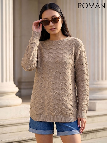 Қоңыр - Roman Shimmer Wave Curved Hem Knit Jumper