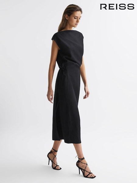 Reiss Black Paloma Premium Linen Blend Open-Back Midi Dress (549404) | €454