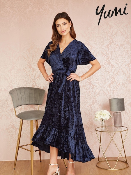 Yumi Blue Velvet Wrap Over Angel Sleeve Midi Dress (550076) | €16