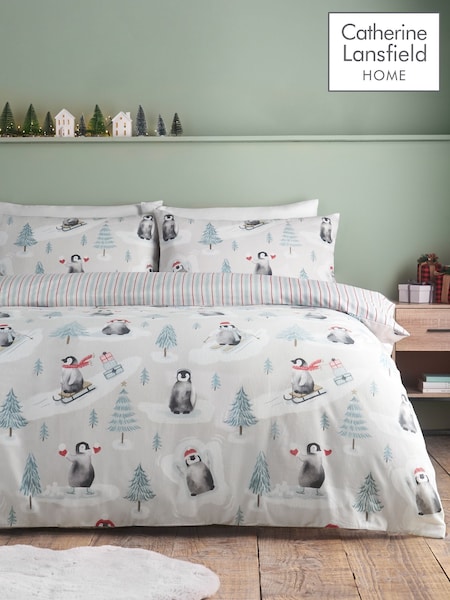 Catherine Lansfield Christmas Penguins Brushed Cotton Duvet Cover And Pillowcase Set