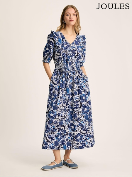 Joules Rosalie Blue & White V-Neck Frill Dress (550756) | €46.50