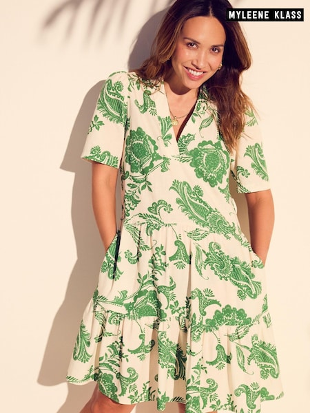 Myleene Klass Ecru White Printed V-Neck Collared Mini Dress With Linen (550883) | €28