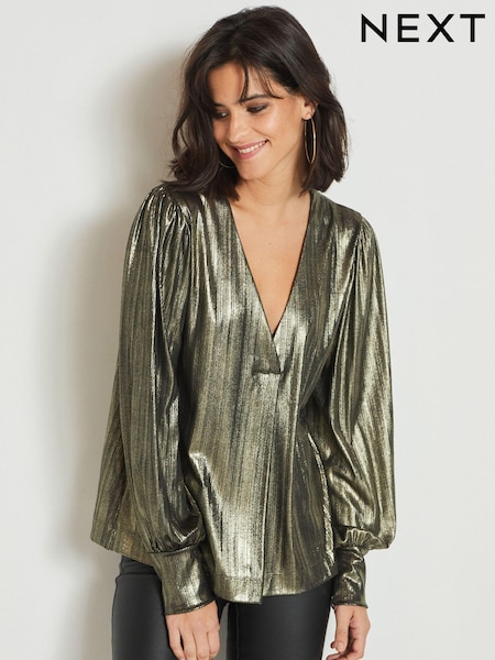 Gold Metallic Lamé V-Neck Cuff Blouse (551288) | €23