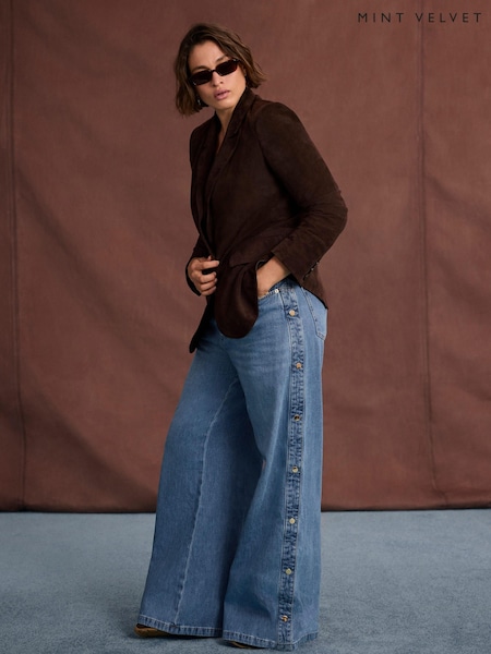 Көк - Mint Velvet Popper Detail Wide джинсы шалбар