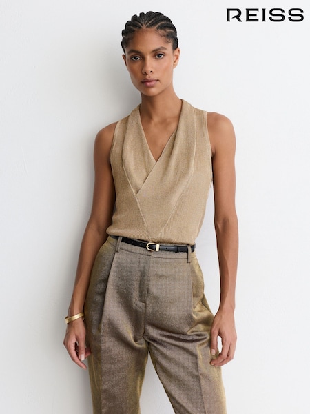Золотой - Reiss Edie Metallic-knit Cowl-neck Sleeveless Top