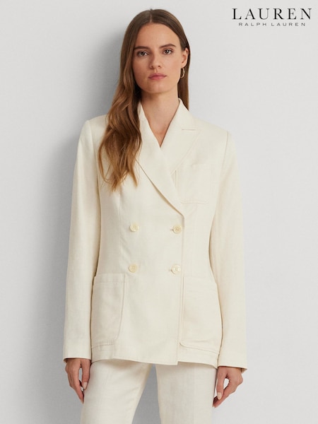 Lauren Ralph Lauren Cream Telbey Double Breasted Linen Blend Twill Blazer (552026) | €173