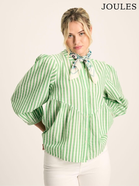 Joules Rowan Green/White Gathered Sleeve Blouse (552204) | €29