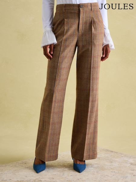 Joules Foxley Check Brown Wide Leg Tweed Trousers (552459) | €165.95