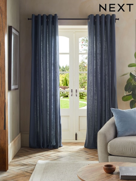 Blue Washed Cotton Linen Eyelet Lined Curtains (552519) | €24 - €57