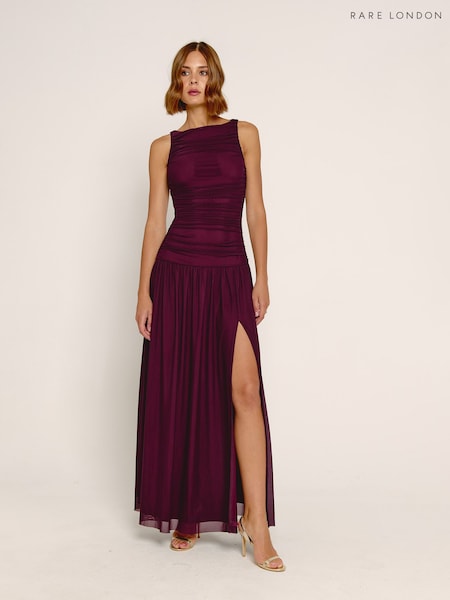 Red - Rare London Drop Waist Side Split Mesh Maxi Dress