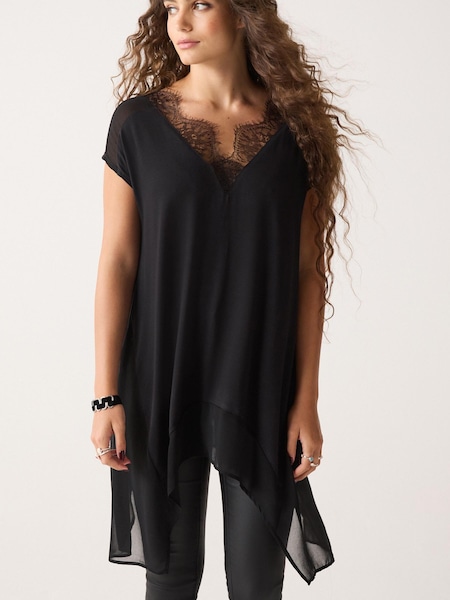 Schwarz - Lace Trim V-Neck Longline Tunic Top (552823) | 38 €