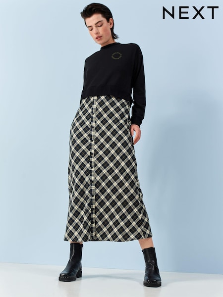 Schwarz Khaki kariert - Graphic Layered Sweatshirt Checked Dress (553096) | 16 €