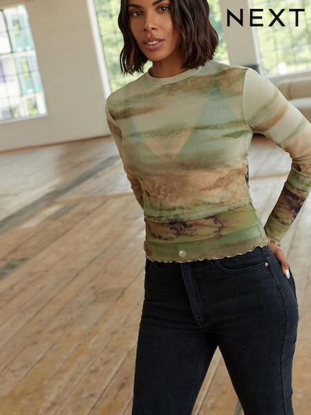 Sage Green Scenic Long Sleeve Mesh Top (553458) | €10