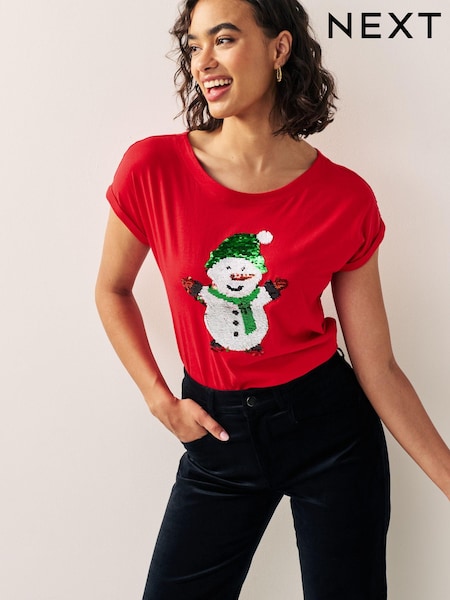 Red Short Sleeve Christmas Flip Sequin T-Shirt (554336) | €12.50