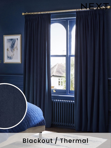 Blue Dark Navy Matte Velvet Pencil Pleat Blackout/Thermal Curtains (554396) | €55 - €149