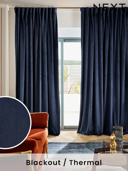 Blue Dark Navy Matte Velvet Wave Header Blackout/Thermal Curtains (554480) | €59 - €99