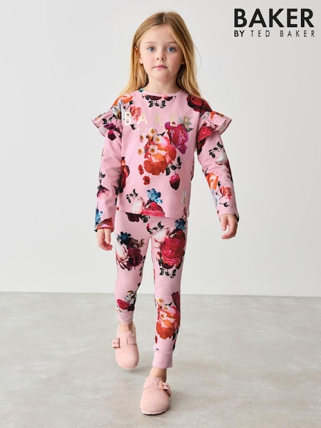 Baker by Ted Baker Pink Floral Frill Shoulder Detail Pyjama Set (554648) | 179 LEI - 223 LEI