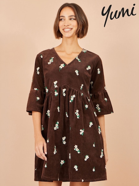 Brown - Yumi Embroidered Daisy Cord Dress