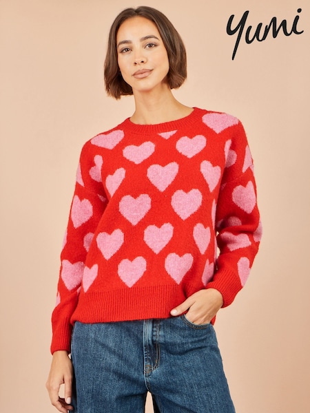Rojo - Suéter holgado de intarsia con diseño de corazones de Yumi