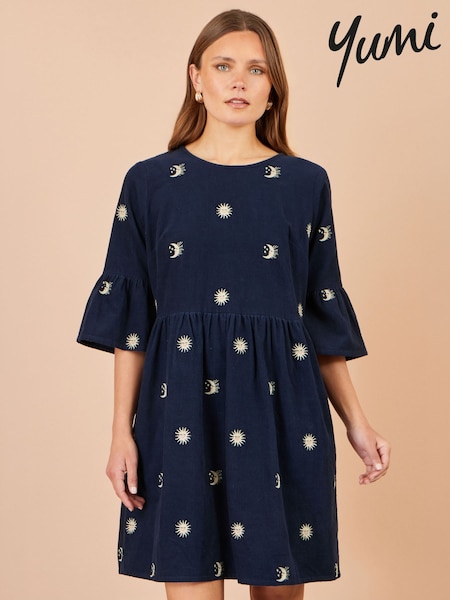 כחול - Yumi Cosmic Embroidered Cord Tunic Dress