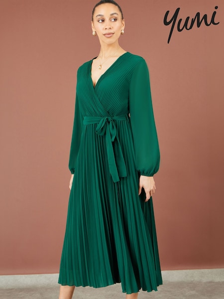 Green - Yumi Pleated Wrap Midi Dress With Sheer Long Sleeves
