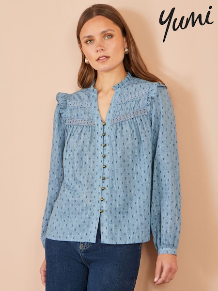 Blue - Yumi Cotton Lace Detail Shirt
