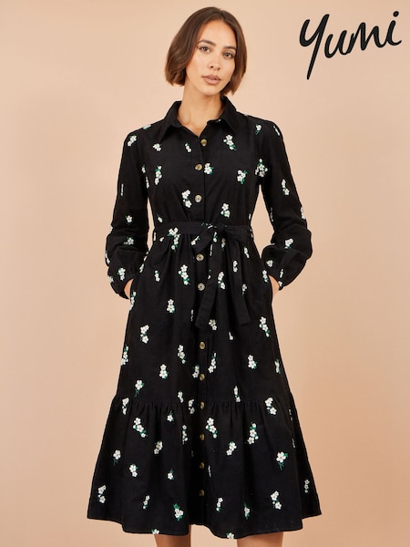 Black - Yumi Daisy Embroidered Cord Shirt Dress