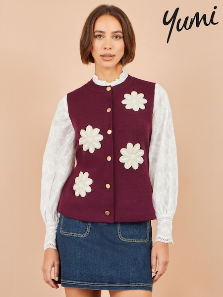 Red - Yumi Flower Appliqué Knit Waistcoat