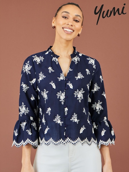 Navy Blue - Yumi Cotton Fluted Sleeve Broderie Shirt