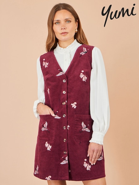 Червоний - Yumi Crane Embroidery Button Up Pinafore Dress
